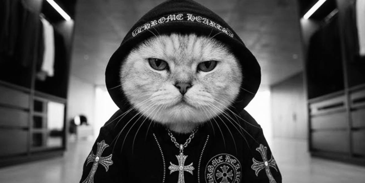 Close portrait of a cat in a blackletter-embroidered hood