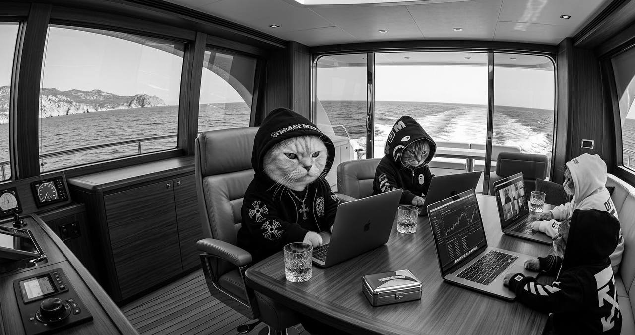 Cats in hoodies working on laptops aboard a yacht